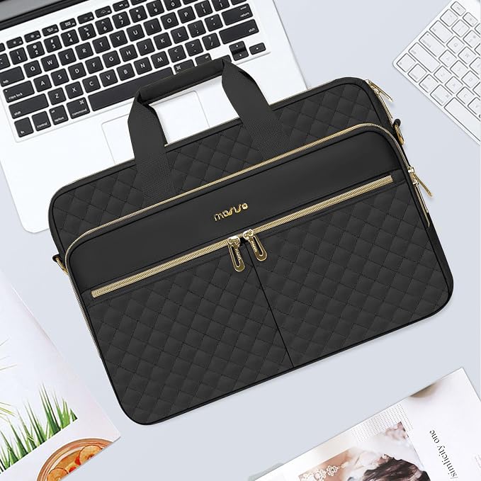 MOSISO 17-17.3 inch Laptop Bag, Laptop Briefcase Messenger Compatible with Dell, HP, Lenovo, Asus, Acer, Alienware, Square Quilted Computer Bag Work Office Business with 3 Pockets&Strap, Black