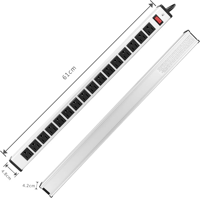 Oviitech 16 Outlets Heavy Duty Metal Socket Power Strip,15-Foot Long Extension Cord with Circuit Breaker. Mounting Brackets Included, Workshop/Industrial use, ETL Certified, Black