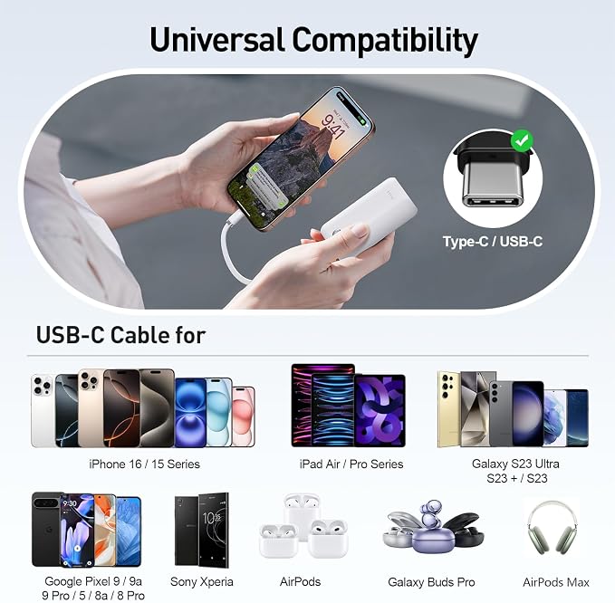 iWALK Mini Portable Charger 10,000mAh, 22.5W USB-C Fast Charging Power Bank with Built-in Cable, Travel Essential Ultra-Small Battery Pack Compatible for iPhone 17/16/16 Pro/15, Samsung, Google, White