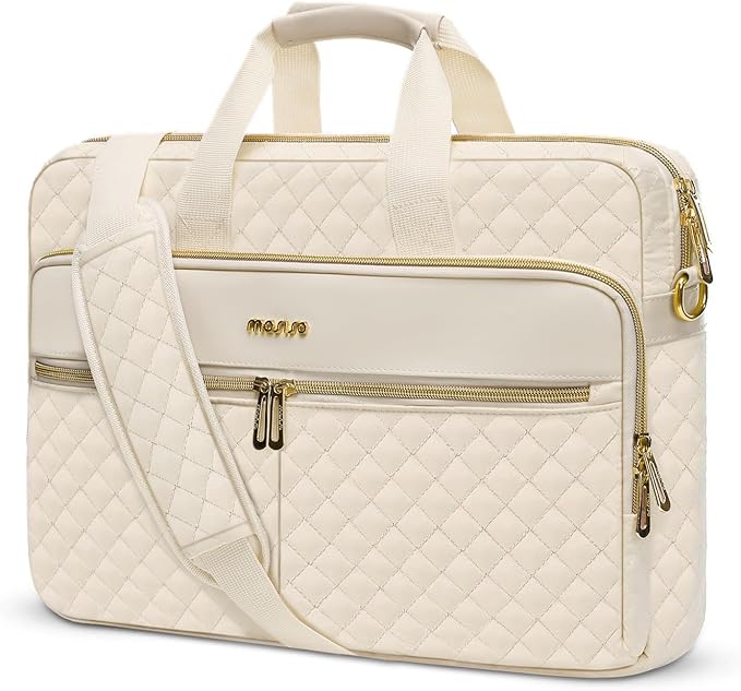 MOSISO 13-14 inch Laptop Bag, Laptop Briefcase Messenger Compatible with MacBook Neo 13 inch/Air 13.6/13 /Pro 13/14, Square Quilted Computer Bag Work Office Business with 3 Pockets&Strap, Beige
