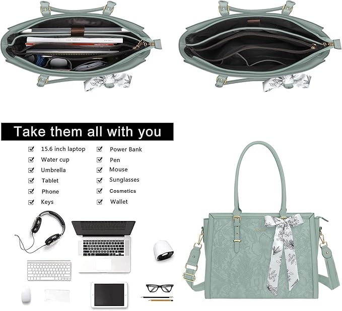 MOSISO Laptop Bag for Women, 15.6-16 inch PU Leather Tote Bag Compatible with MacBook, HP, Dell, Asus Notebook, Front Embossed Retro Hibiscus Computer Bags with Silk Scarf&Clutch Purse, Antique Green