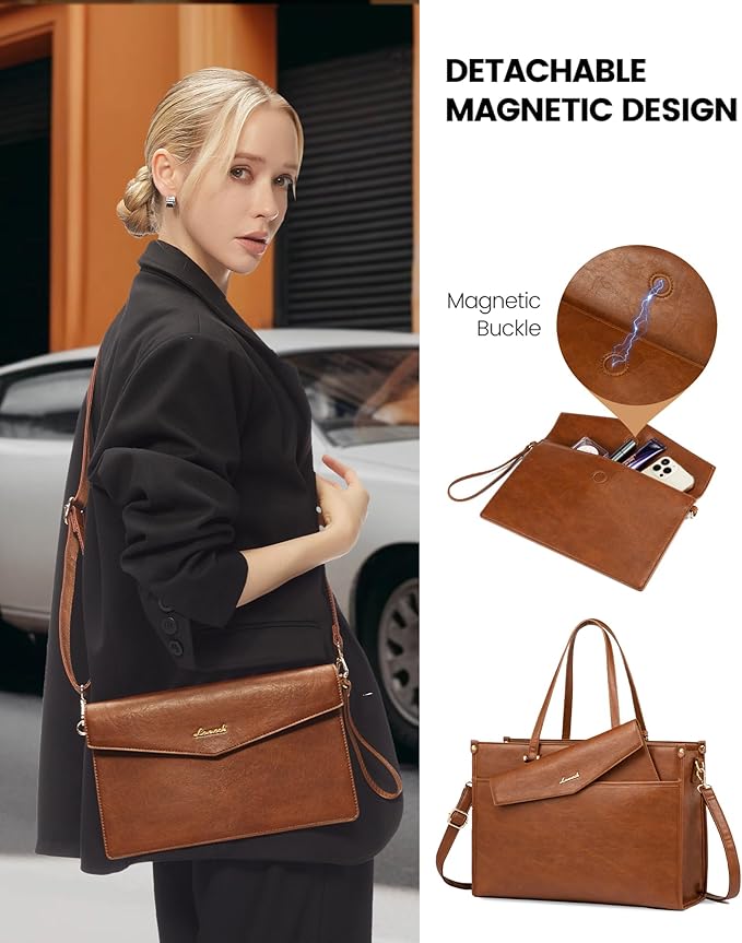 LOVEVOOK Laptop Bag for Women, 15.6'' Laptop Tote Purse 2-in-1 Professional Work Bag Business Briefcase with Clutch Purse, Waterproof Vintage Leather Computer Handbag for Teacher Office Travel