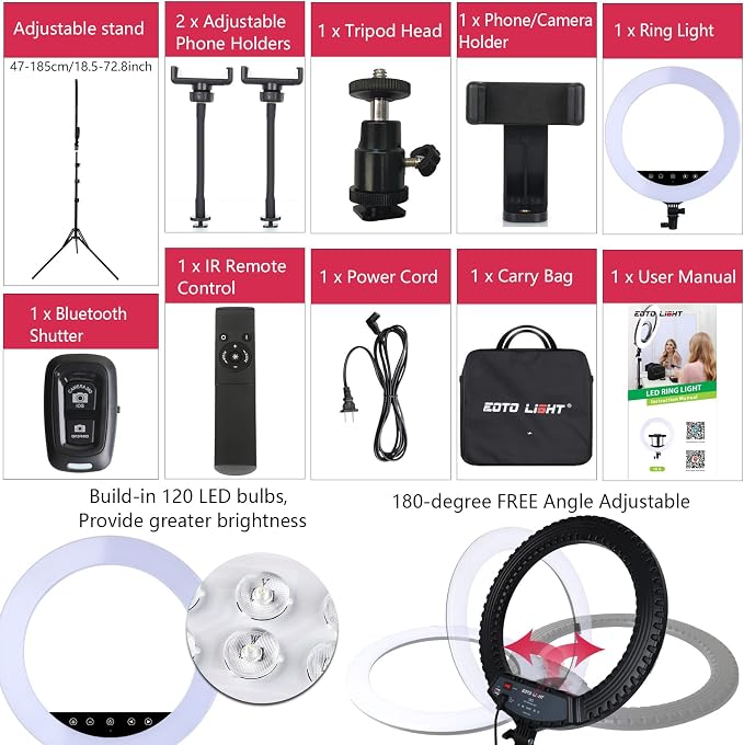 Upgraded 18 inch LED Ring Light with Tripod Stand, Selfie Ring Light with Touch Panel for Makeup Studio Portrait YouTube Vlog Video Shooting with Carrying Bag and Remote Controller, CRI>90