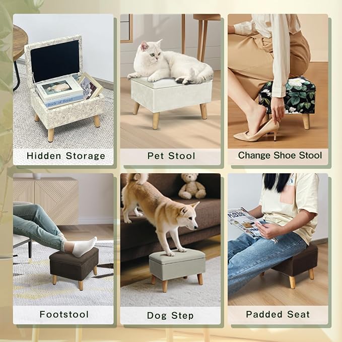 lumizone Small Ottoman Foot Rest Modern Storage Ottoman Foot Stool Padded Seat Pet Step for Dog Under Desk Stool for Living Room Bedroom Office Entryway (Print- Beige)