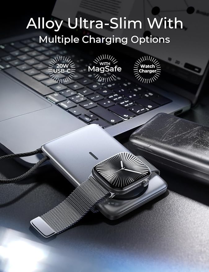 LISEN 0.5'' Ultra Slim MagSafe Power Bank for iPhone and Apple Watch,10000mAh MagSafe Battery Pack,Alloy Magnetic Portable Charger for iPhone 16 Pro Max Plus/15, Apple Watch S11 /S10 S9 SE，Black