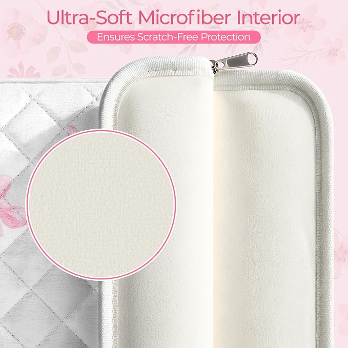 13-14 inch Cotton Quilted Laptop Sleeve for Women, Aesthetic Puffy Laptop Case Carrying Bag Compatible with MacBook Air/Pro 13/Pro 14, Soft Computer Liner Bag (Pink Bow, 13.3 inch)