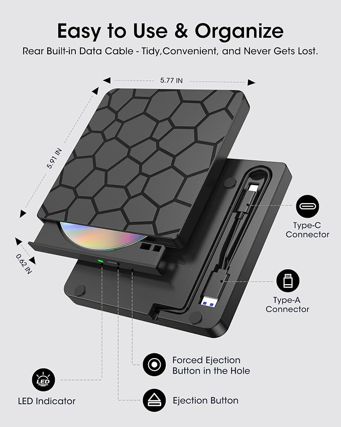 ROOFULL External CD DVD Drive for Laptop, USB 3.0 & USB-C Portable CD/DVD-RW Disc Drive Reader Burner Writer Player for Windows 11/10/8/7 Laptop Mac MacBook Linux PC, RF868