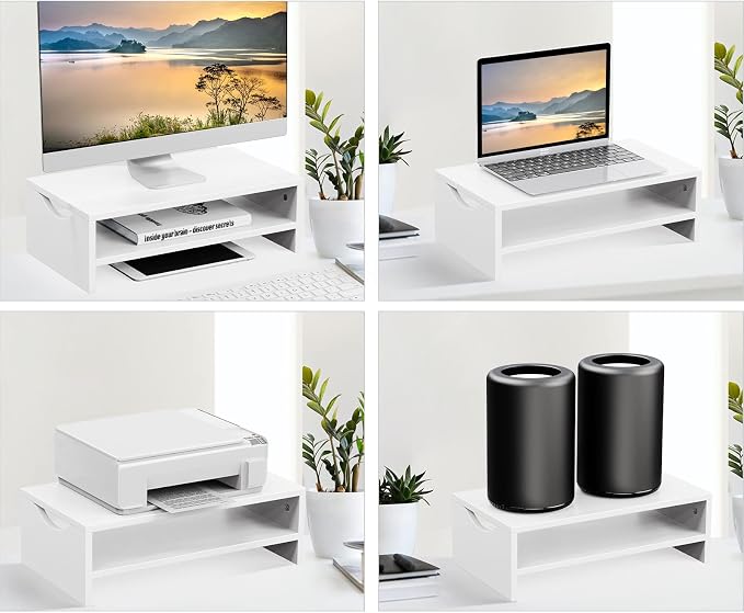Monitor Stand Riser for Desk, 2 Tiers Laptop Computer Riser for PC Screen, iMac, Desktop Wooden Screen Monitor Stand with Storage Organizer for Home Office, White