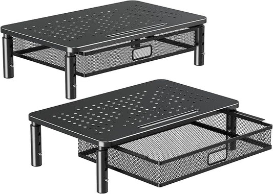 ELIVED 2 Pack Monitor Stand Riser with Drawer, 3 Height Adjustable with Larger Storage Space for Home and Office Supplies, Metal Desktop Stand for Laptop Computer Printer PC iMac