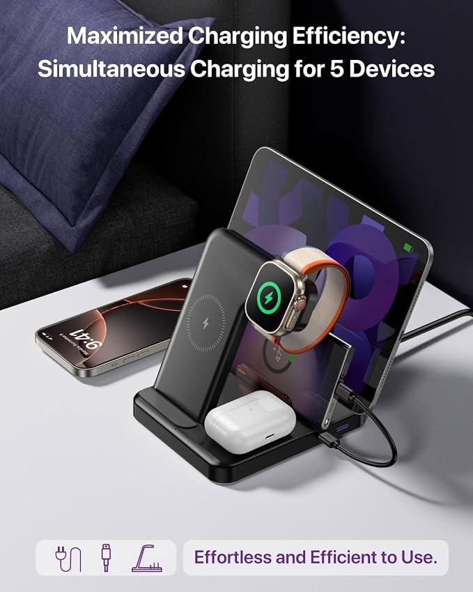 Multiple Devices Charging Station, 5-in-1 Charging Station for iPhone 17 Pro Max/Pro/Plus/16/15/14/13/12, iPad Pro/Air/Mini, Apple Watch and Airpods,Wireless Charging Dock(G805) (Lavender)