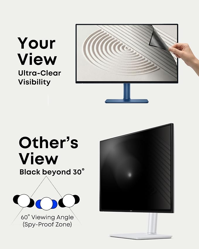 2-Pack 23.8 Inch Computer Privacy Screen Filter (21.1" × 12.0") for 16:9 Curved & Flat Monitors – Nano-Suction Bezel (Tape-Free Instant Install) – Anti-Glare, Blue Light Blocking, Washable