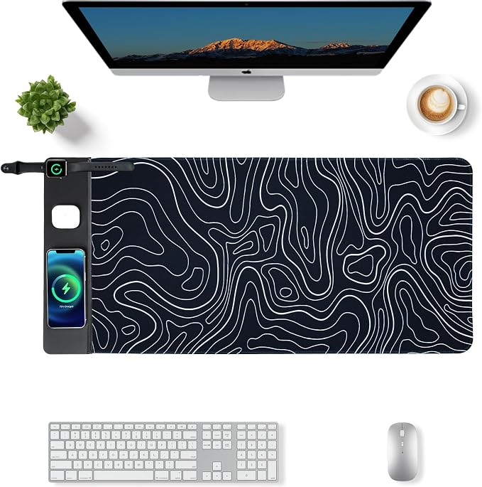 VOVIPO 3 in 1 Wireless Charging Mouse Pad, Gift for Dad/Office Manager,Wireless Charger Compitable with iPhone/Watch/airpods. Wireless Charging Desk Mat 90 x 40cm,Black Topographic Computer Desk Pad