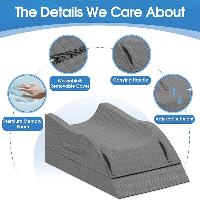 TranquilRelax Elevation Pillows for Leg After Surgery, Memory Foam Adjustable Wedge Pillow for Injury or Rest, Ankle Pillow for Sleeping Blood Circulation Full Grey/Double Leg