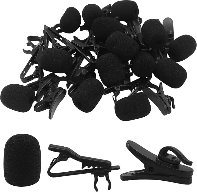 6 Pcs Lavalier Microphone Clips Replacement Kit with 6 Pcs Foam Windscreen Covers, 6 Pcs Plastic Wire Clips for Voice Recording, Video Conferencing, Online Meetings and Video Creators