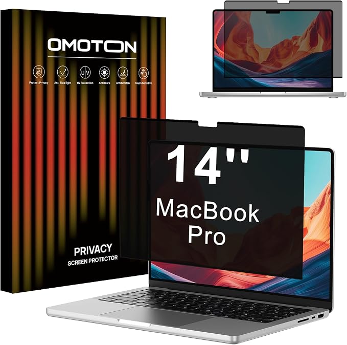 OMOTON Magnetic Privacy Screen for MacBook Pro 14 Inch (2021-2025, M1-M5, Pro, Max), Anti-Spy Filter, Matte Anti Glare Blue Light Protector, Easy Install & Remove