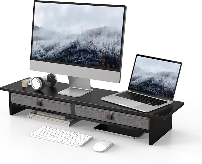 Fenge Monitor Stand with Drawer, 2 Tiers Dual Monitor Riser for Desk, 35 Inch Computer Stand for 2 Monitors, Desk Shelf for Home, Office, Laptop, PC, TV, Printer