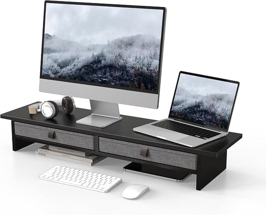 Fenge Monitor Stand with Drawer, 2 Tiers Dual Monitor Riser for Desk, 35 Inch Computer Stand for 2 Monitors, Desk Shelf for Home, Office, Laptop, PC, TV, Printer