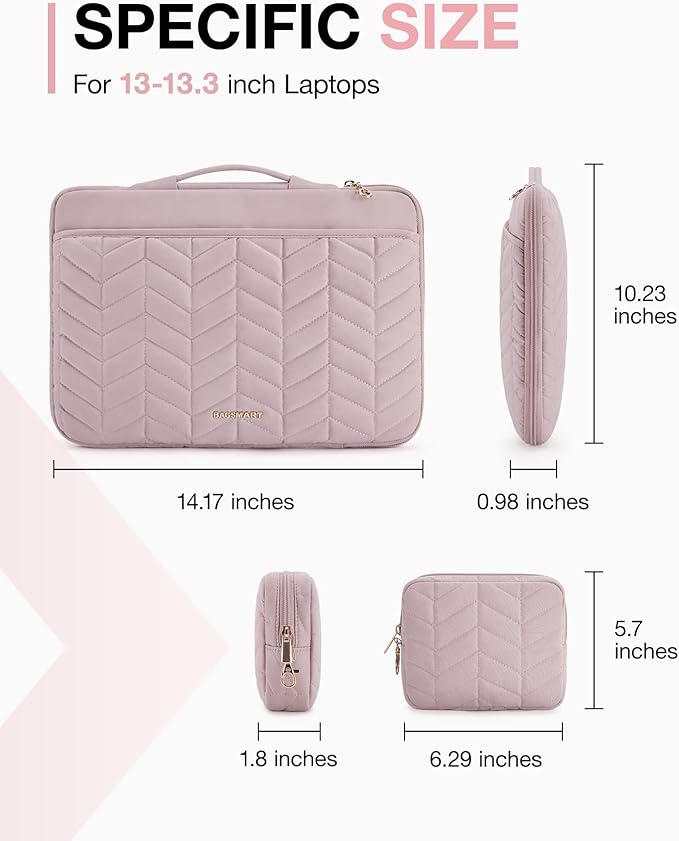 BAGSMART Laptop Case with Handle, Puffy Padded Laptop Bag Sleeve for Women, Portable MacBook Air/Pro Computer Case, 13-14 inch, Pink