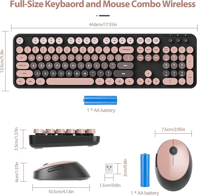 Fogruaden Pink Keyboard and Mouse Wireless, Retro Typewriter Keyboard, 2.4GHz 104 Keys Full Size Cute Keyboard with Number Pad, Gradient Colorful Round Keycaps for Windows PC Desktops Laptop