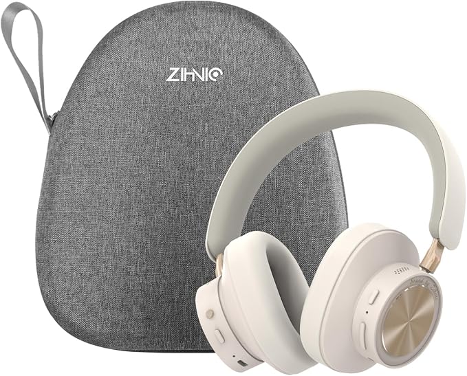 ZIHNIC Active Noise Canceling Headphones, Wireless Over Ear Bluetooth Headphones, Hi-Res Audio, Prolonged Battery Life, Deep Bass, Comfortable Foam Ear Cups-Beige