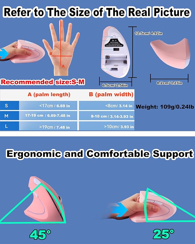 Left Handed Ergonomic Mouse, Vertical Wireless Mouse for Left Hand, 2.4G USB Carpal Tunnel Lefty Mouse, 3 Adjustable DPI, 6 Buttons, for Laptop, PC, Computer, Mac, Windows, Desktop -Pink