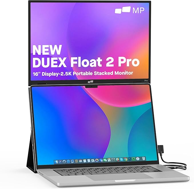 New Mobile Pixels Duex Float 2 Pro 2.5 K Portable Monitor, 16" Laptop Screen Extender (Built-in Kickstand), USB C/HDMI Stacked Monitor Extender with Dual Speakers, Windows, MacOS, Switch, Android