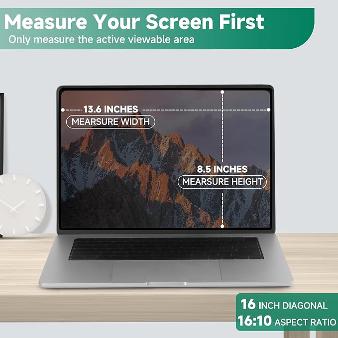 Nano-Suction Laptop Privacy Screen 16 Inch 16:10, Removable Screen Privacy Shield for Laptop, Anti Glare, Anti Bule Light, Screen Protector for Lenovo HP Dell Acer Asus Thinkpad