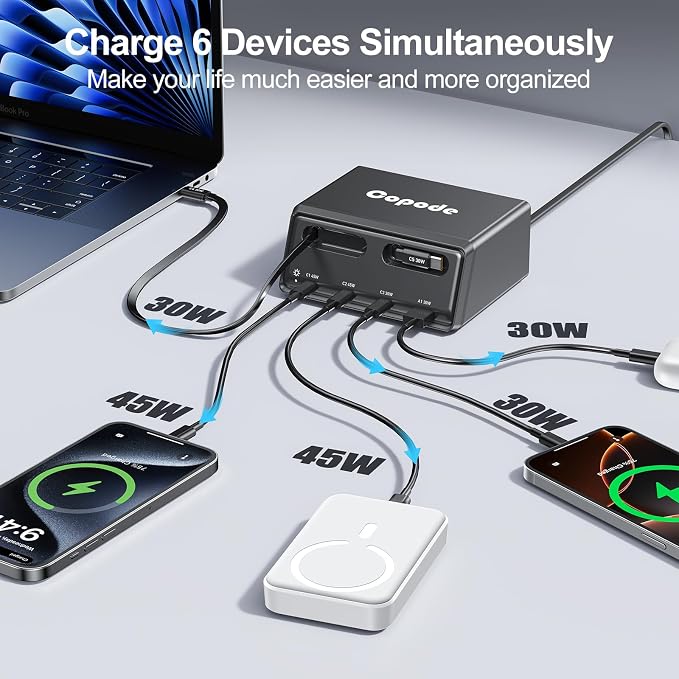 6-in-1 Retractable Charger for Multiple Devices,150W GaN USB C Charging Station with Dual Retractable Cables Compatible with iPhone 17/16,iPad,MacBook and More-Desktop Charger for Home,Office(Black)