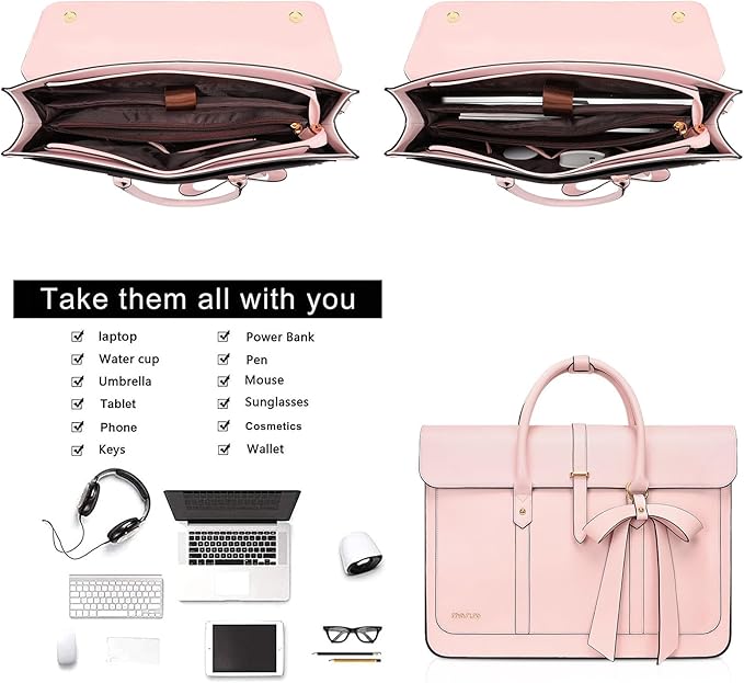 MOSISO Laptop Bag for Women, 17 inch PU Leather Laptop Shoulder Bags Convertible Backpack, 17.3 inch Messenger Bags Casual Handbag Work Briefcase Travel Computer Bag with Bowknot, Pink