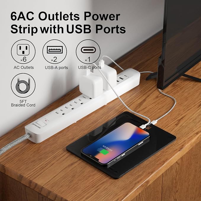 2 Pack Power Strip Surge Protector - 6 Outlets 3 USB Charging Ports (1 USB C), 5Ft Extension Cord, Flat Plug, Overload Protection, Wall Mount for Office Home, Dorm Room White