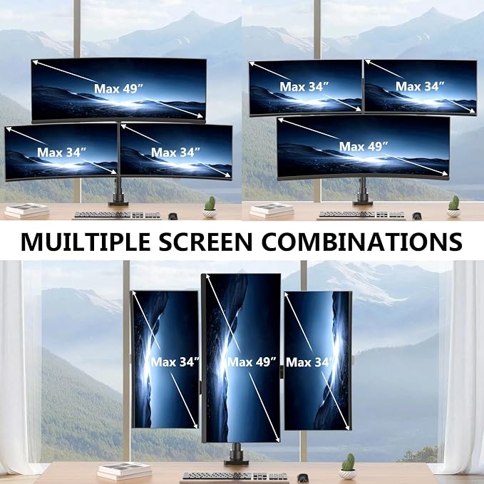 WALI Triple Monitor Mount - Extra Tall 3 Monitor Desk Mount for 13-49 Inch Ultrawide Screens, Up to 44 lbs, Fully Adjustable Heavy Duty Monitor Arm, VESA 75/100 mm (GSDM003-P), Black