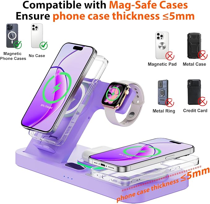 Dual Phone Magnetic Wireless Charging Station for Apple Devices/Apple Ecosystem, 7-Color Auto Light & 12H Clock, Multi-Device Charger for iPhone 17/16/15, for iWatch 11/10/9 & AirPods Pro3(Purple
