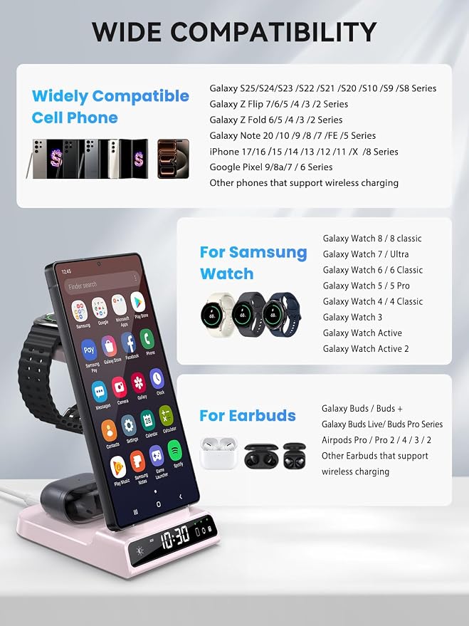 Wireless Charger for Samsung Charging Station with Clock for Samsung Galaxy S25 Ultra/S24 Ultra/Z Flip 7/Z Fold 6/Galaxy Bud, 3 in 1 Charger Station Watch Charger for Galaxy Watch 8/7/6/5Pro(Pink)