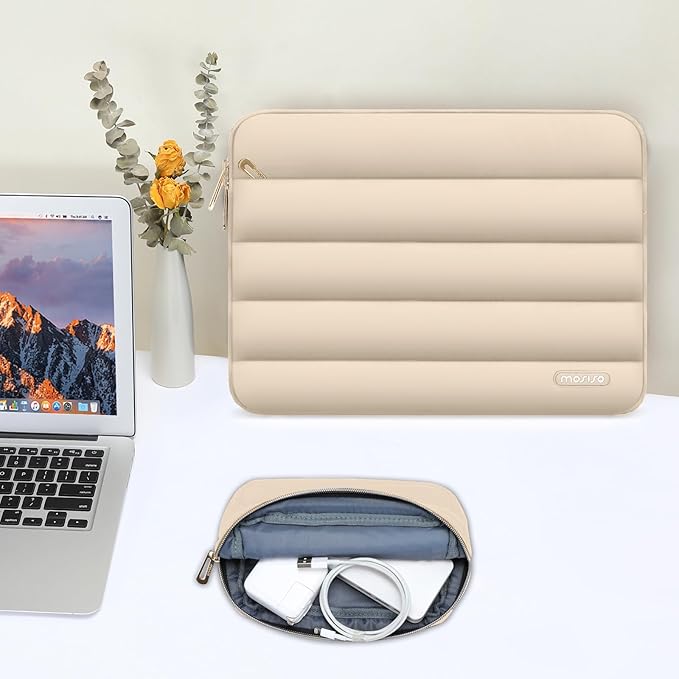 MOSISO Laptop Case 13.3 inch,13-13.3 inch Puffy Laptop Sleeve Compatible with MacBook Air 13.6 M5 M4 M3 M2 M1/Neo/Pro 13/14,HP Dell ASUS Lenovo,Polyester Horizontal Bag with Small Case, Apricot
