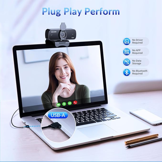 4K Webcam for PC with 2 Noise-Cancelling Microphones, Stable Auto Focus, Plug&Play Computer Camera for Online Teaching, Meetings, and Remote Communication (with Tripod)
