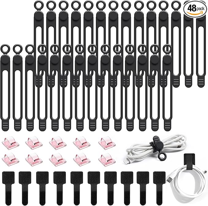 48Pcs Cord Organizer Kit, Reusable Elastic Silicone Cable Ties, Strong Adhesive Cable Clips for Cable Management, Multipurpose Wire Management for Bundling and Fastening Various Wires (Black）