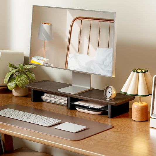 PEGZONE Dual Monitor Riser with Integrated Metal Shelf, Large Walnut Wooden Desk Shelf for 2 Monitors/TV, Wide 31.5" Long Monitor Stand Riser for Desk, Wood Monitor Stand Organizer for Home Office