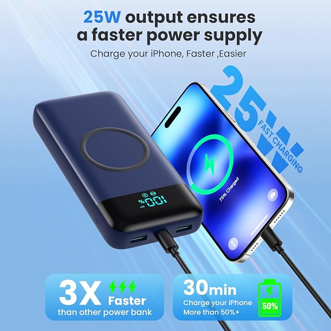 YHO Wireless Portable Charger 40800mAh for iPhone with Built-in Cables,15W Wireless Charging USB C Power Bank,25W PD Fast Charging Travel Essential Battery Pack for iPhone 17/16/15/14-Dark Blue