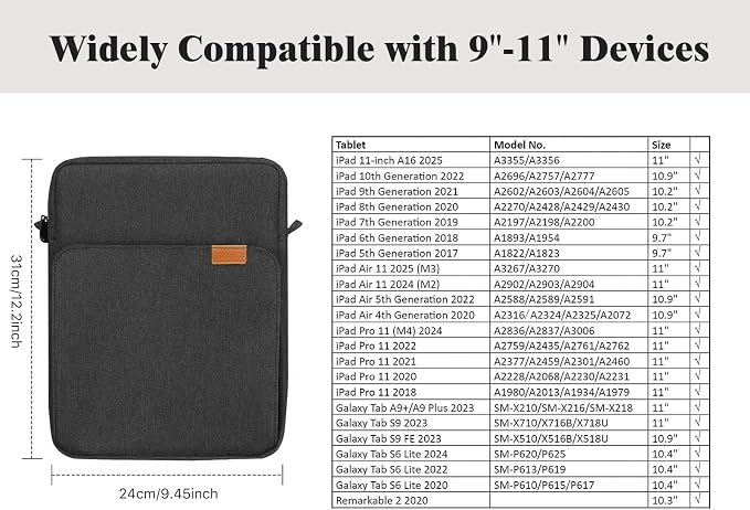 TiMOVO 9-11 Inch Tablet Sleeve Bag with Shoulder Strap for iPad 11-inch A16 2025, iPad 10th Gen. 10.9"/10.2", Galaxy Tab A9 Plus 11", Black & Grey