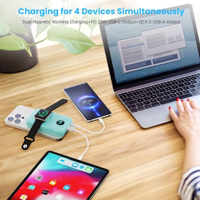 Magnetic Portable Charger 10800mAh,4-in-1 Wireless Power Bank with iWatch Charger, QC4.0+20W PD Fast Charging USB C Battery Pack with LCD Display for Magsafe,iPhone 17/16/15/14/13/12 Series,Green