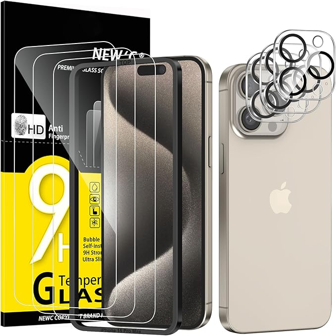 NEW'C 3x for iPhone 15 Pro Max Screen Protector (6.7 inches)+ 3x Camera Lens Protector, Sensor Protection, Case Friendly Tempered Glass Film + Dust Plug- Easy installation tool include