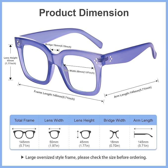 Ovresized Blue Light Blocking Glasses for Women Men Square Computer TV Eyeglasses