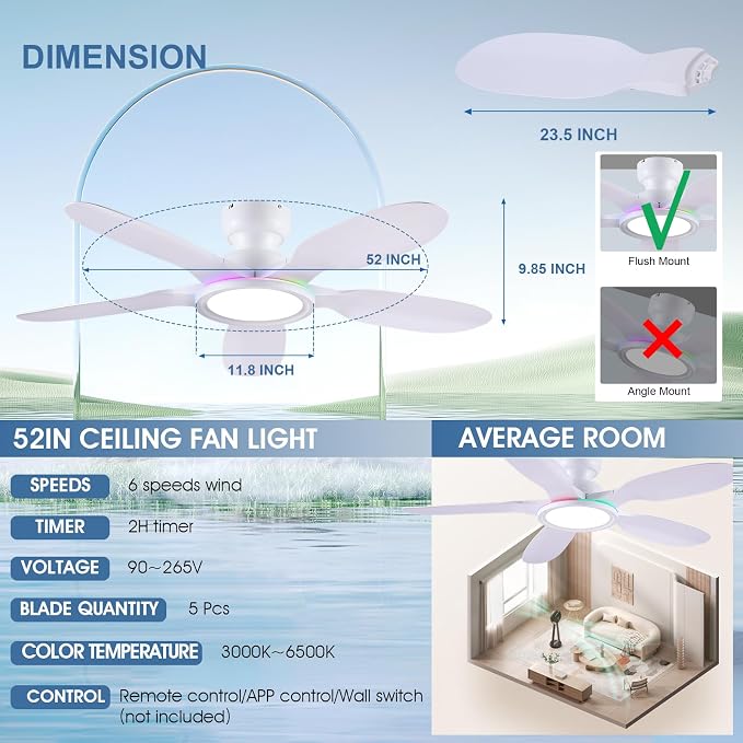 Kviflon 52 Inch Ceiling Fans with Lights and Remote/APP Control, Low Profile Ceiling Fans with Dimmable White + RGB Ring Lights, 6 Speeds 5 Curved Blades for Kids Room Bedroom Bar, White
