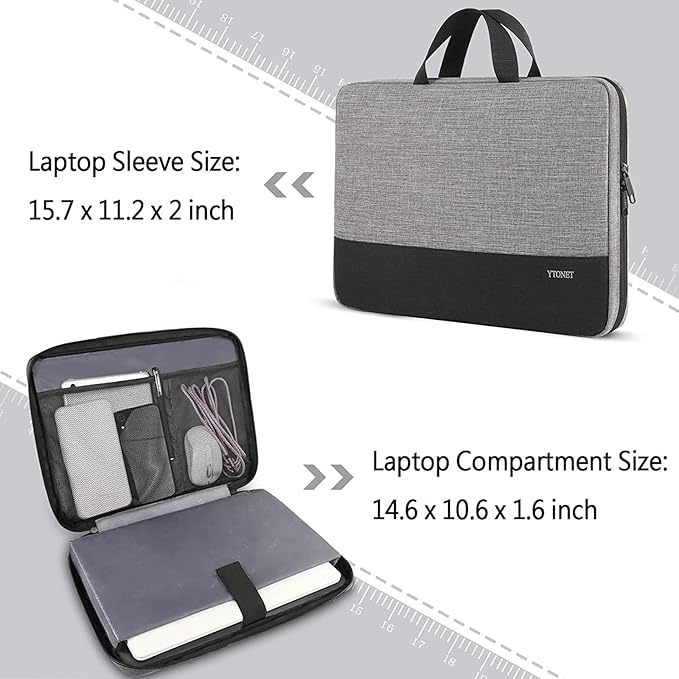 Ytonet Laptop Case, 15.6 inch TSA Laptop Sleeve Computer Bag Water Resistant Computer Case Carrying Cover Compatible for Lenovo, HP, Dell, Asus Notebook, Gifts for Men Women, Grey