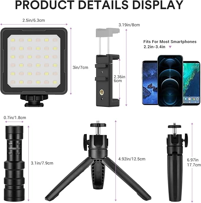Vlogging Kit Phone Video Kit Accessories: Phone Tripod, Phone Mount, LED Light and Cellphone Shotgun Microphone for Phone Video Recording Video Conferencing, Zoom Calls, Live Streaming, Vlog