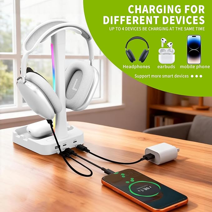 Headphone Stand with Charger,Gaming Headset stand with RGB Light Mode,For Airpod Max Stand,Desk Lamp,Phone Holder,Tablet Holder,desktop organizer,Gifts for Gamers & Music Lover (White)