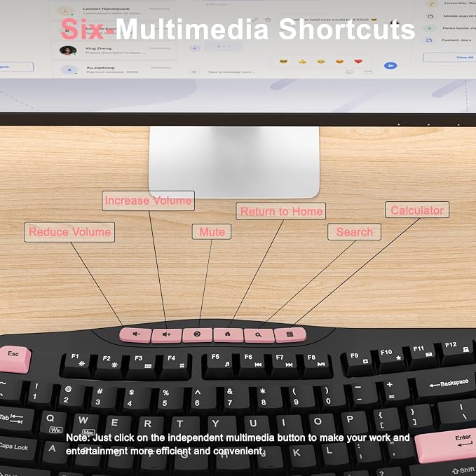 Wireless Keyboard and Mouse Combo, Ergonomic Keyboard with 6 Multimedia Keys, 2.4G Full Size Keyboard with Wrist Rest, 3-Level DPI Wireless Silent Mouse with 6-Buttons, for Windows (Pink)