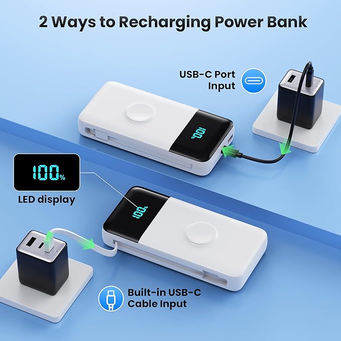 Portable Charger Power Bank 40800mAh with Built-in Cables,25W Fast Phone Charging Portable Battery Pack,5 Outputs Travel Essentials Outdoor External Battery for iPhone 17/16,Galaxy Android etc-White