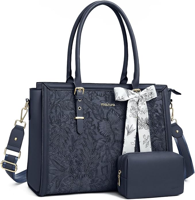 MOSISO Laptop Bag for Women, 17-17.3 inch PU Leather Tote Bag Compatible with MacBook, HP, Dell, Asus Notebook, Front Embossed Retro Hibiscus Computer Bags with Silk Scarf&Clutch Purse, Haze Blue