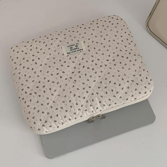 Puffy Laptop Sleeve 13-15.6 Inch Corduroy Quilted Laptop Protective Case Cute Floral Computer Sleeve Protective for MacBook (Cream Ditsy, 11 Inch)